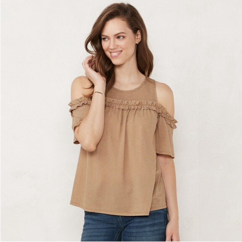 Lauren Conrad Fall ruffle cold shoulder tan striped Summer cotton blend size S